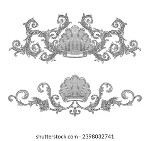 Shell with floral ornament, vintage baroque leaf scroll engraving drawing style illustration