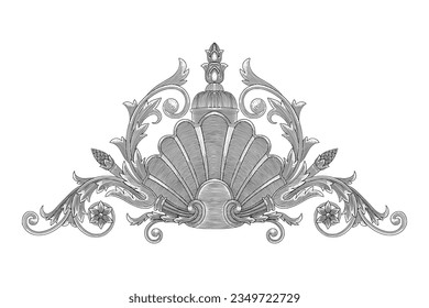 Shell with floral ornament, vintage engraving drawing style vector illustration