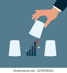 Shell game and business graph. Gambling risk. Modern vector illustration in flat style