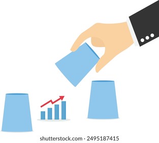 Shell game and business graph. Gambling risk. Modern vector illustration in flat style


