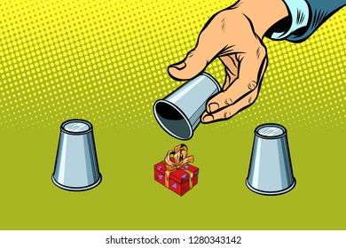 a shell game. gift box. Comic cartoon pop art retro vector illustration drawing