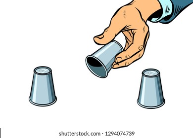 a shell game. Scammers and deception. Comic cartoon pop art retro vector illustration drawing