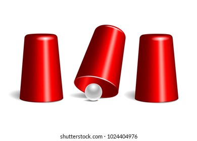 Shell game. Three red thimbles and white ball. Equipment performance circus show. Chance and fortune concept. Vector illustration EPS 10