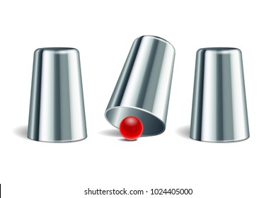 Shell game. Three shining silver metal thimbles and red ball. Equipment performance circus show. Chance and fortune concept. Vector illustration EPS 10