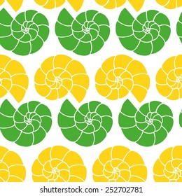 Shell green und yellow vector on white background seamless pattern. Marine background.