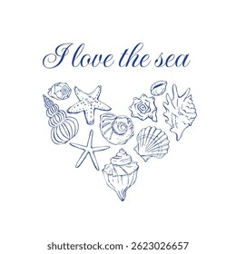 Shell heart line sketches Mediterranean sea