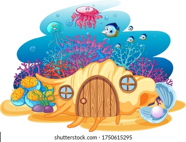 Shell house and sealife in underwater cartoon style on white background illustration