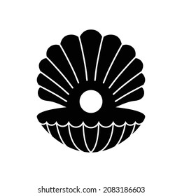 The shell icon with a pearl. Black silhouette of an open oyster with a round pearl. Vector illustration isolated on a white background for design and web.