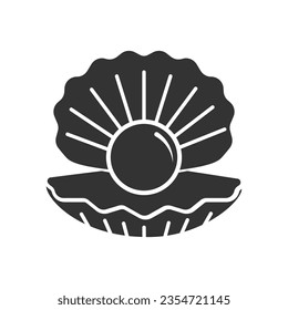 Shell icon with a pearl. Black silhouette of an open oyster with a round pearl. Vector illustration isolated on a white background for design and web