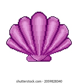 Shell icon pixel art. Clam pixel art. Vector illustration.