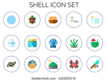shell icon set. 15 flat shell icons.  Simple modern icons about  - beach, egg, turtle, swimsuit, eggs, seashell, seaweed, sea, coconut water, tortoise, sand castle, crab, harpoon