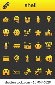 shell icon set. 26 filled shell icons.  Collection Of - Taco, Peanut, Jellyfish, Swimsuit, Clam, Seashell, Fried egg, Shrimp, Starfish, Sand castle, Lobster, Eggs, Beach, Aqualung