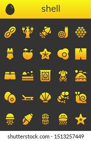 shell icon set. 26 filled shell icons.  Collection Of - Peanut, Egg, Lobster, Squid, Snail, Caviar, Swimsuit, Coconut water, Starfish, Sea, Creature, Boiled egg, Beach, Seashell icons