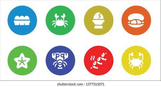 shell icon set. 8 filled shell icons.  Collection Of - Eggs, Starfish, Crab, Lobster, Egg, Shrimp, Mussel