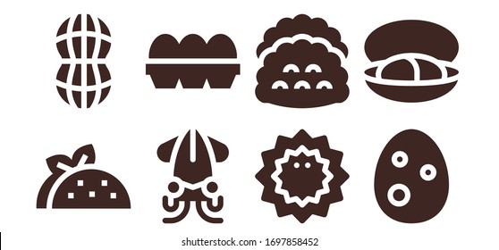 shell icon set. 8 filled shell icons.  Simple modern icons such as: Taco, Peanut, Squid, Eggs, Sea urchin, Tacos, Egg, Mussel