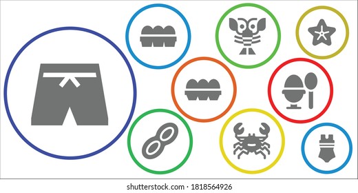 shell icon set. 9 filled shell icons.  Simple modern icons such as: Swimsuit, Eggs, Lobster, Peanut, Crab, Boiled egg, Starfish