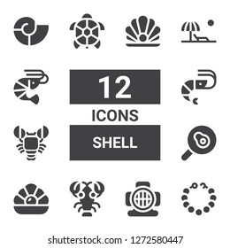 shell icon set. Collection of 12 filled shell icons included Pearl necklace, Aqualung, Lobster, Pearl, Fried egg, Shrimp, Turtle, Beach, Seashell