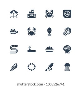 Shell Icon Set. Collection Of 16 Filled Shell Icons Included Jellyfish, Harpoon, Pearl Necklace, Seashell, Shell, Eggs, Turtle, Eel, Fossil, Boiled Egg, Crab, Tortoise, Sand Castle