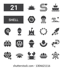 shell icon set. Collection of 21 filled shell icons included Turtle, Eggs, Crab, Seashell, Nest, Shrimp, Pearl necklace, Boiled egg, Fossil, Egg, Harpoon, Sand castle, Beach, Jellyfish