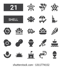 Shell Icon Set. Collection Of 21 Filled Shell Icons Included Boiled Egg, Shrimp, Sand Castle, Sea Urchin, Pearl Necklace, Harpoon, Peanut, Egg, Seashell, Pearl, Tortoise, Fried Egg