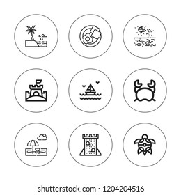 Shell icon set. collection of 9 outline shell icons with beach, crab, egg, sand castle, sea icons. editable icons.