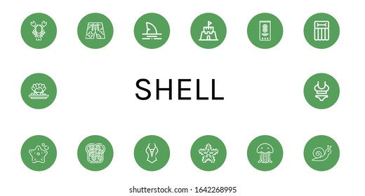 shell icon set. Collection of Lobster, Swimsuit, Shark, Sand castle, Peanut, Airbed, Starfish, Caviar, Jellyfish, Snail, Shellfish icons