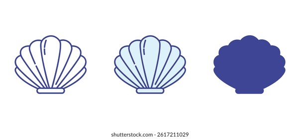 Shell icon in three styles — colorful, outline, and solid silhouette. Minimal marine design element for creative design projects.
