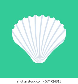 Shell isolated. White mussels on green background. Seashell nacre
