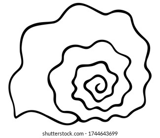 Shell. Marine fossil. Vector illustration. Outline on a white isolated background. Hand drawing style. Sketch. Former clam house. Exoskeleton of the invertebrate. Coloring book for children.
