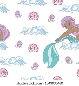 SHELL MERMAID Princess Girl Underwater Tropical Sea Ocean Travel Cruise Vacation Seamless Pattern Vector Illustration Print Fabric Digital Paper