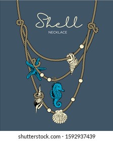 Shell necklace illustration, marine theme