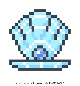 Shell on dish holding a shiny pearl in retro pixel style with chunky squares and crisp outline. Symbol of treasure, luxury, reward, and rarity. Cartoon vector illustration.