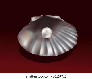 Shell on red background. The vector illustration of a shell with a pearl inside. On red background.