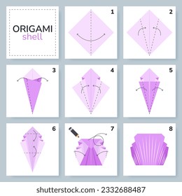 Shell origami scheme tutorial moving model. Origami for kids. Step by step how to make a cute origami shell. Vector illustration.