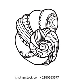 Shell with ornament. Linear black and white illustration.