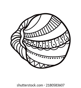 Shell with ornament. Linear black and white illustration.