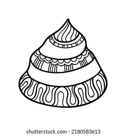 Shell with ornament. Linear black and white illustration.