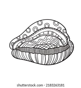 Shell with ornament. Linear black and white illustration.