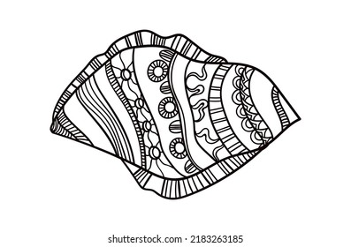 Shell with ornament. Linear black and white illustration.