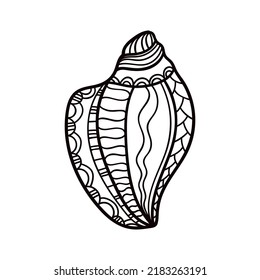 Shell with ornament. Linear black and white illustration.