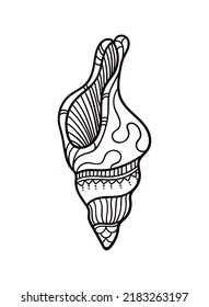 Shell with ornament. Linear black and white illustration.