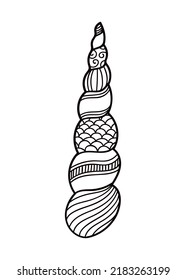 Shell with ornament. Linear black and white illustration.