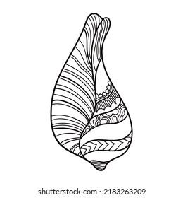 Shell with ornament. Linear black and white illustration.