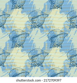 Shell pattern in a one line style. Outline of the plant: Black and white engraved ink art shells. Sketch wild flower for background, texture, wrapper pattern, frame or border.