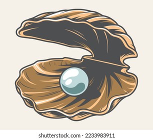 Shell with pearl detailed colorful label open underwater sink with beautiful white pearl formed in sea water vector illustration