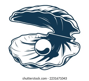 Shell with pearl detailed monochrome sticker marine round gem in open shell found at bottom of ocean vector illustration