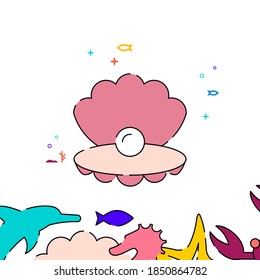Shell with a pearl filled line vector icon, simple illustration, sea world, marine life related bottom border.