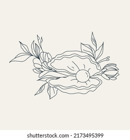 Shell with a pearl in flowers. Logo template in linear style. Esoteric illustration for astrologer, shop, beauty salon