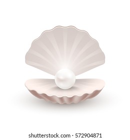 Shell with pearl inside, isolated on white, vector illustration