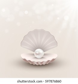 Shell with pearl inside on abstract background, vector illustration